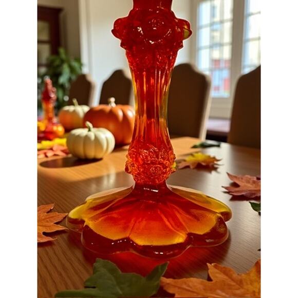 Fenton Tangerine Amberina Rose Compote Pedestal Candy Dish-Vintage MCM-UV Glow - Picture 7 of 10